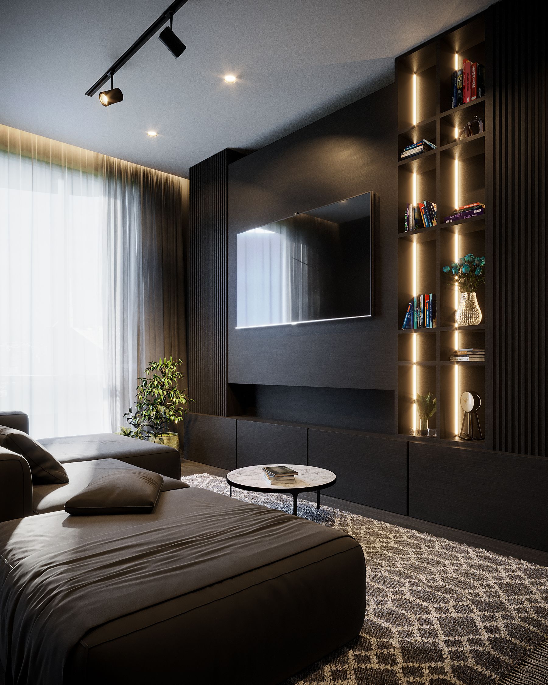 Living room framed by full-height glass